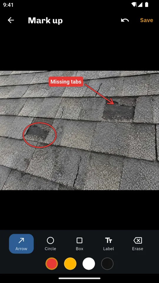 Markup: an arrow and a label on a damaged shingle.