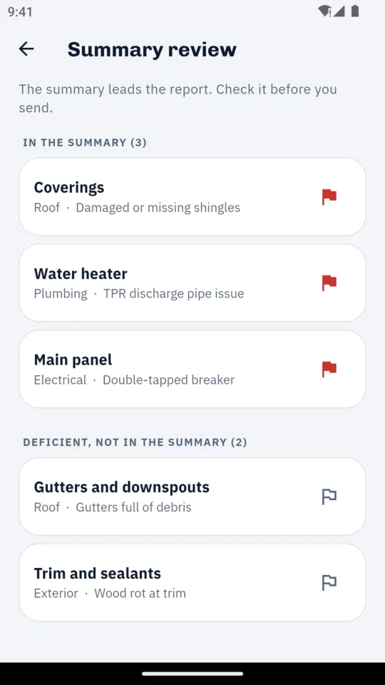 The summary review screen listing flagged items in walk order