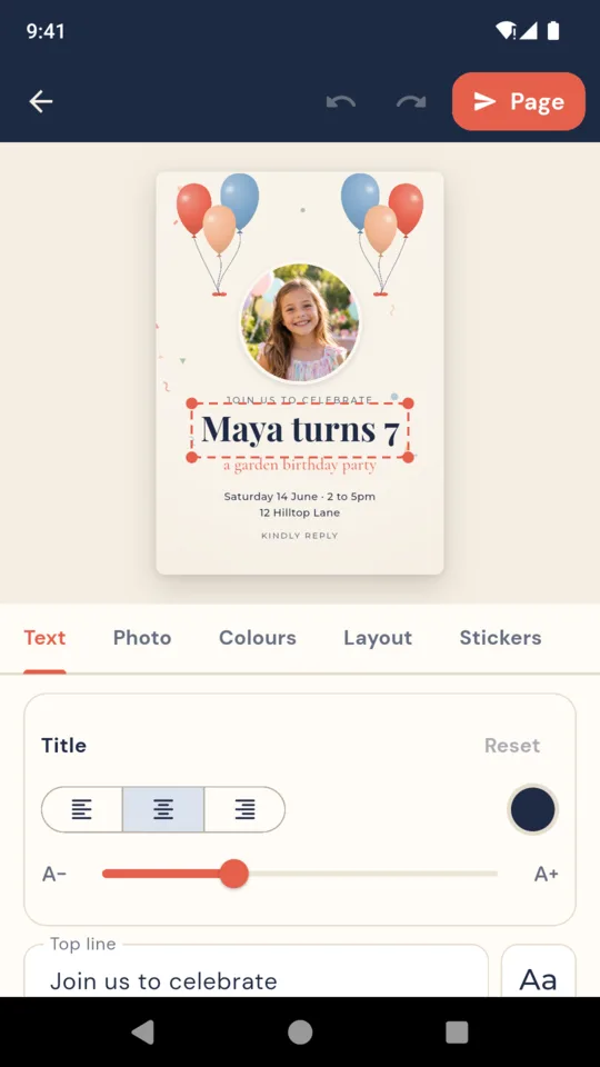 The editor with a birthday card and the Text tab open