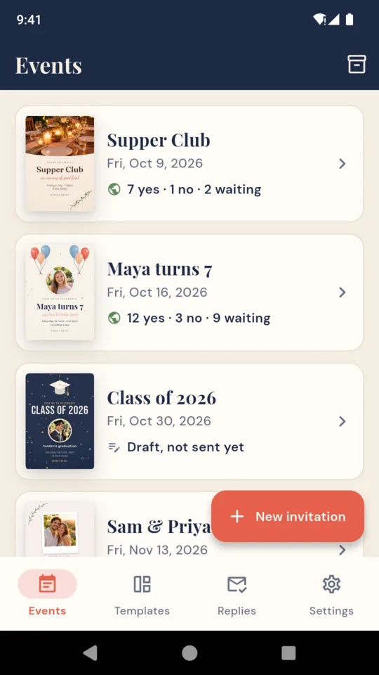 Events list with reply counts