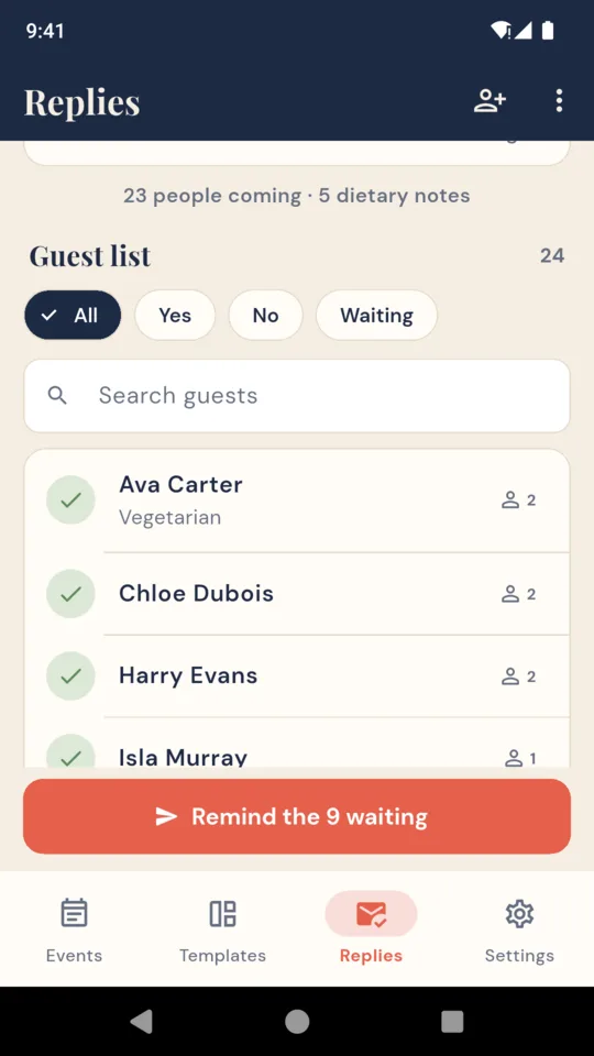 The guest list: 23 coming, 5 dietary notes, and a button to remind the 9 waiting