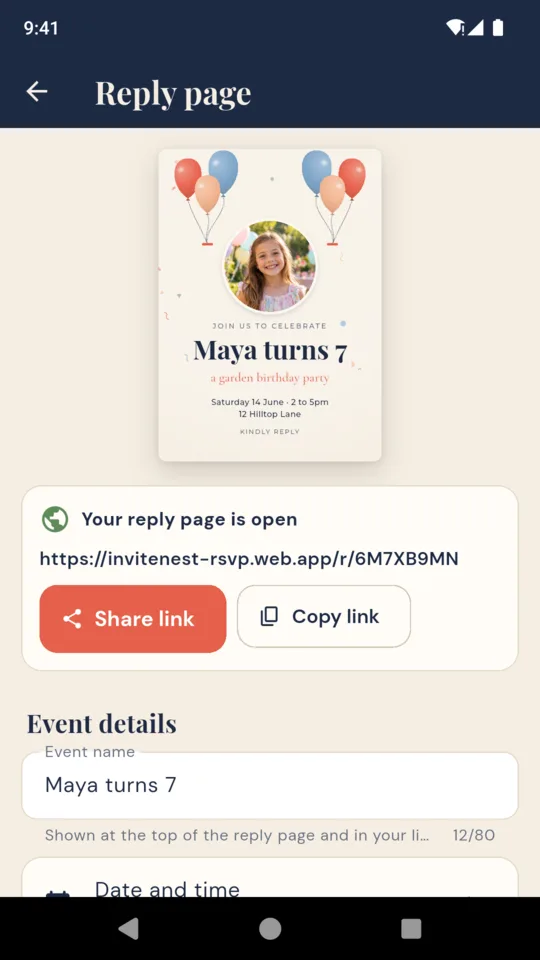 Reply page settings with the share link