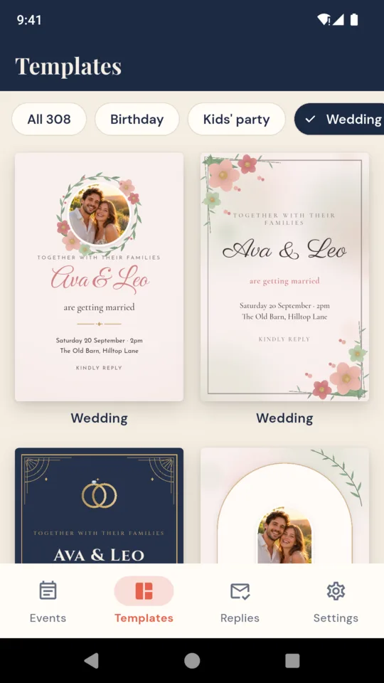The template shelf showing wedding designs with photos