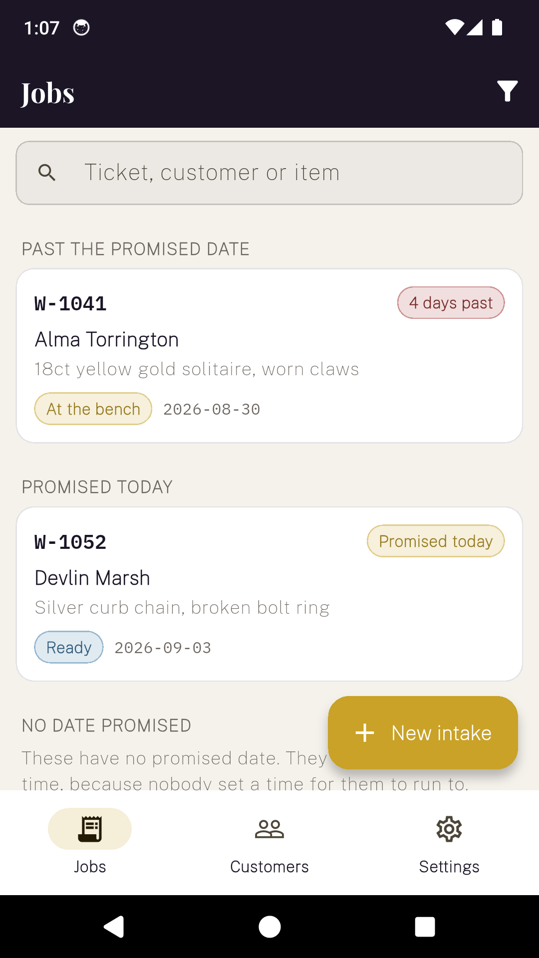 The JewellerDesk jobs list grouped into past the promised date, promised today and no date promised.