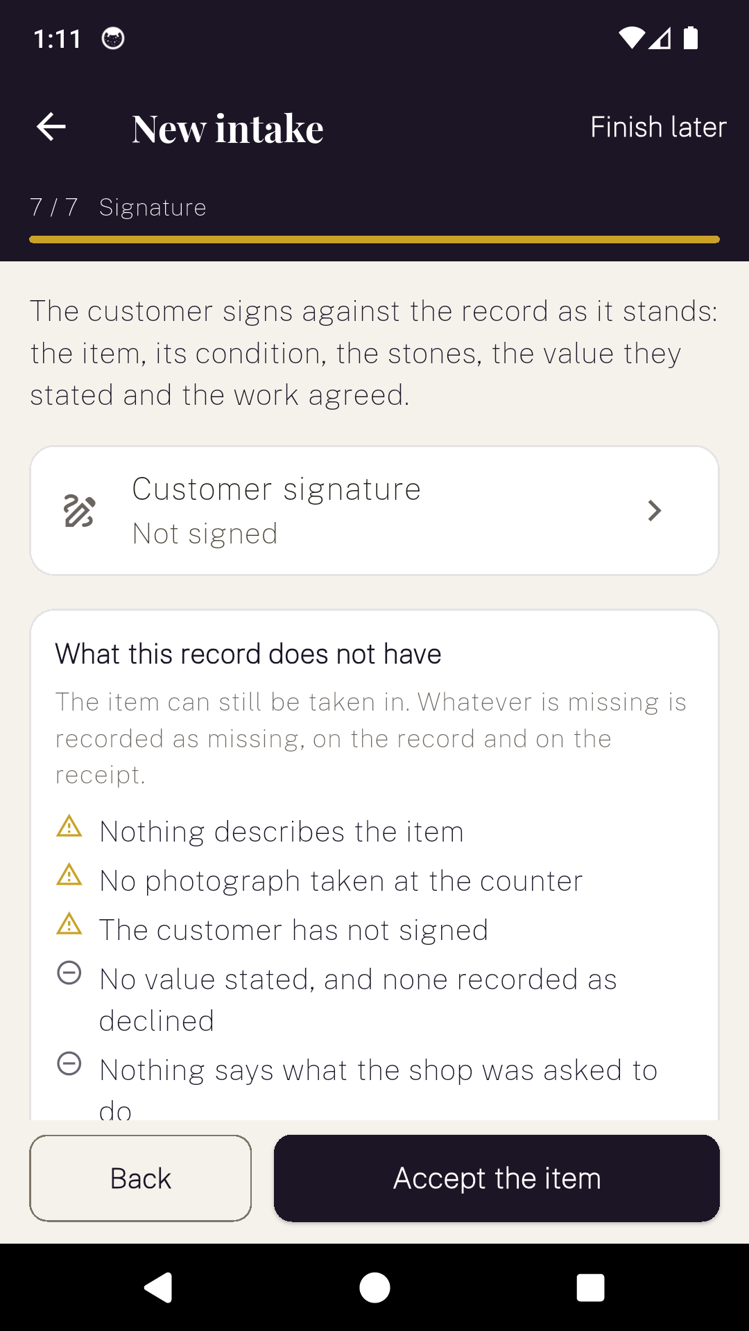 The signature step of a JewellerDesk intake, listing what the record does not have before the customer signs.