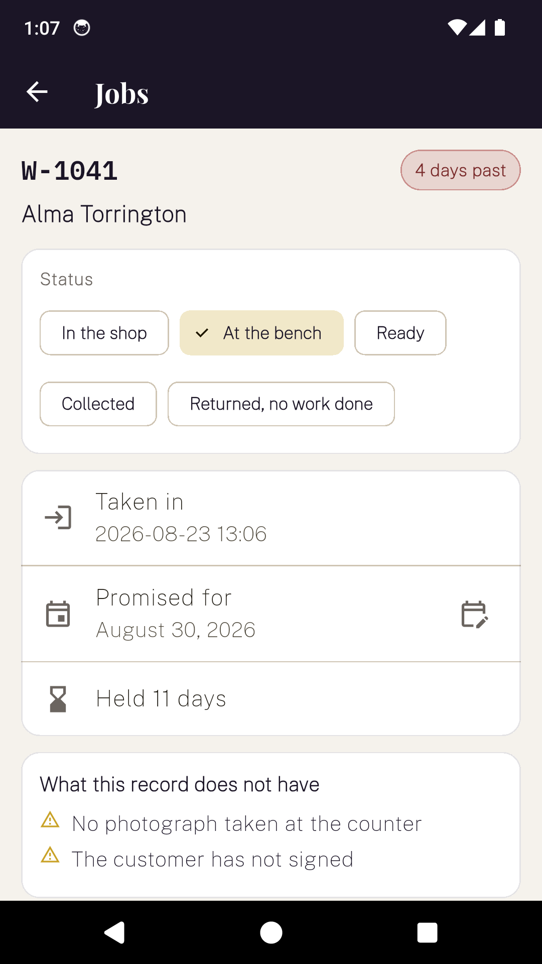 A JewellerDesk job showing its status, how long it has been held, and a list of what the record does not have.