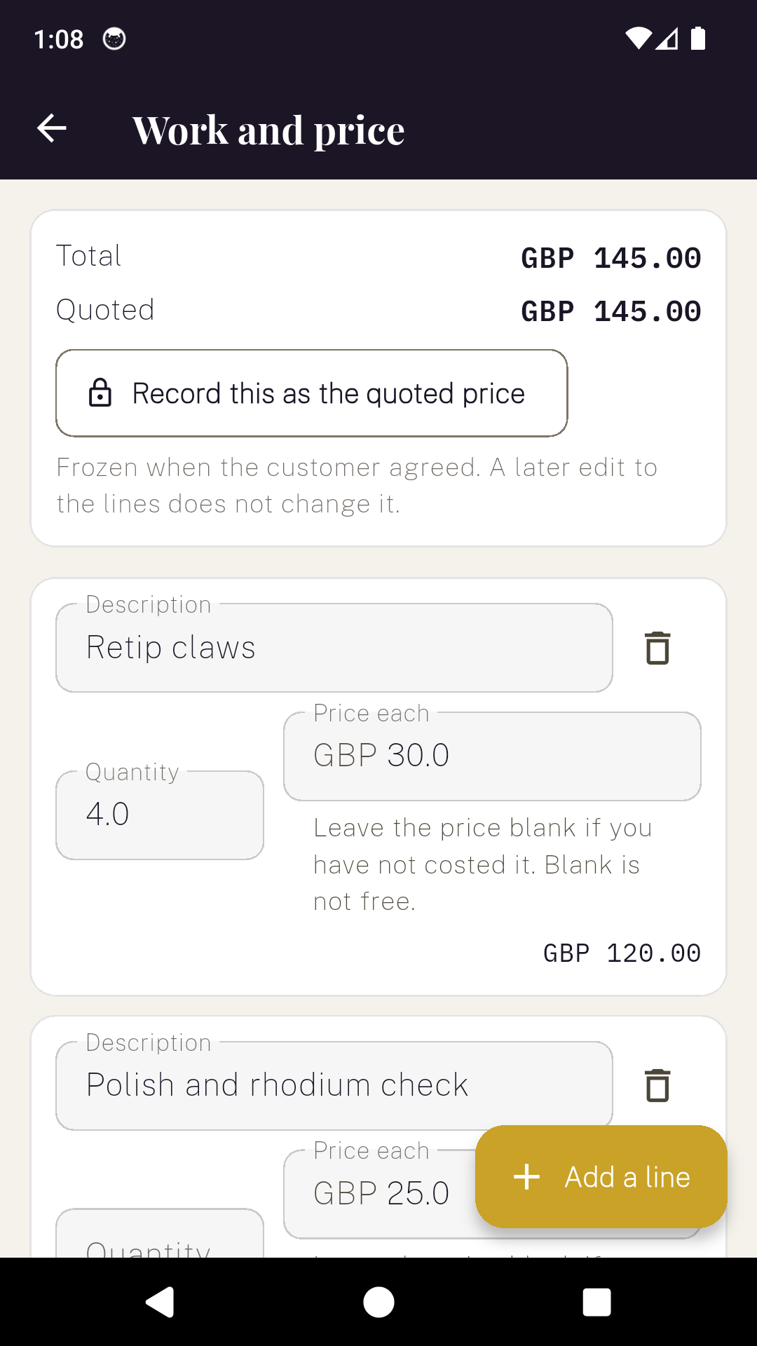The JewellerDesk work and price screen with a total, a quoted figure and a control to freeze the quote.