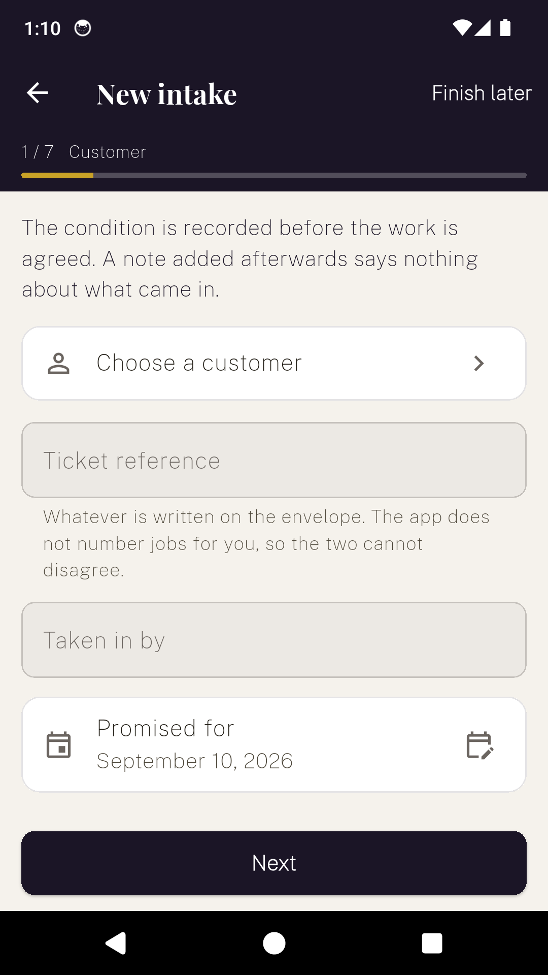 Step one of a JewellerDesk intake, choosing a customer and entering the ticket reference from the envelope.