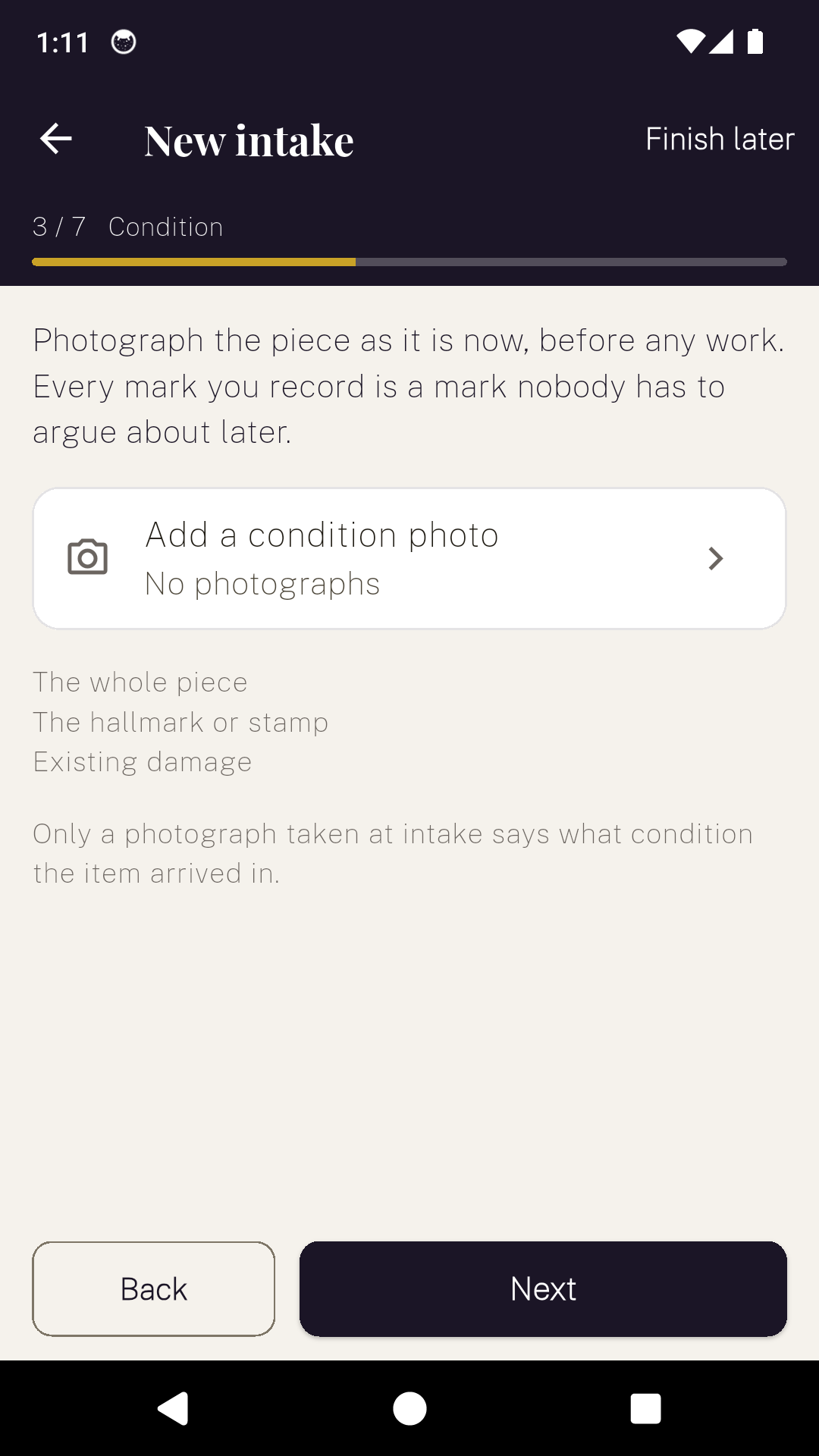 Step three of the JewellerDesk intake, asking for a condition photograph before any work begins.