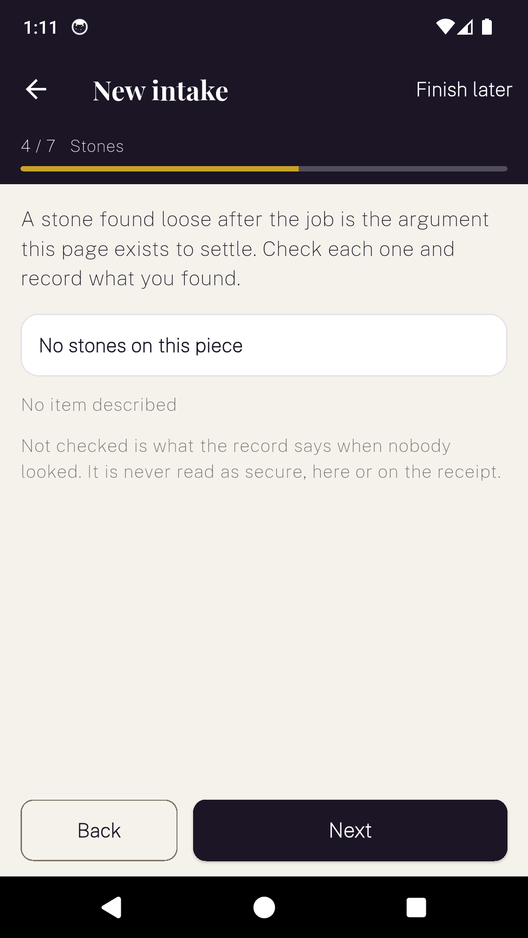 The stones step of a JewellerDesk intake, explaining that not checked is never read as secure.