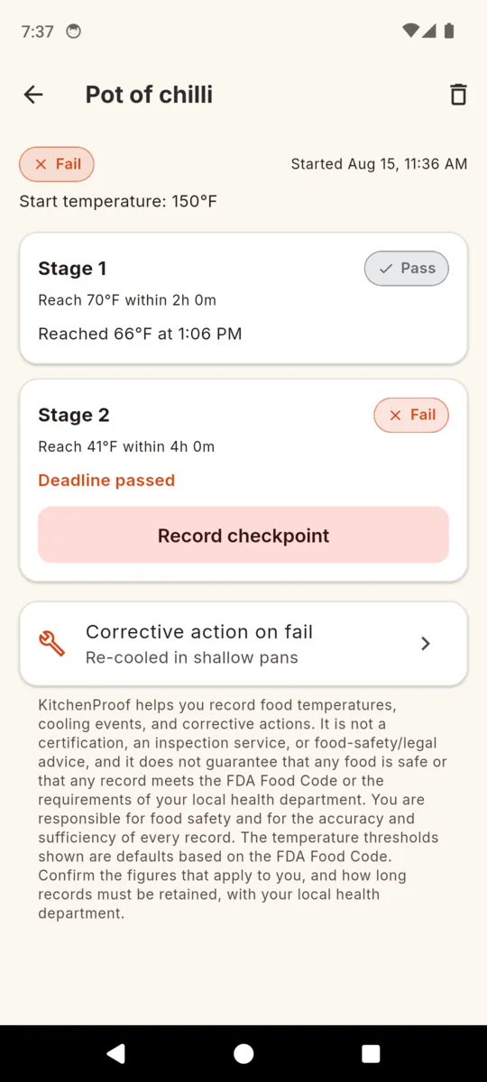 A KitchenProof cooling event for a pot of chili started at 150F, with stage 1 to 70F marked Pass at 66F by 6:11 PM and stage 2 to 41F marked Fail with the deadline passed