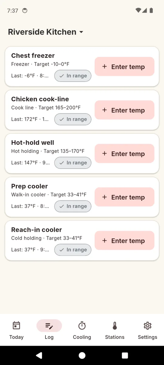 The KitchenProof log screen listing five stations, each with its type, target range, last reading and an Enter temp button