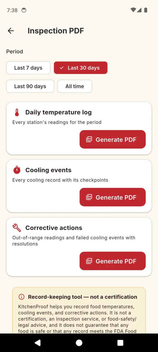 The KitchenProof Inspection PDF screen with period chips for last 7, 30 and 90 days or all time, and three Generate PDF options: daily temperature log, cooling events and corrective actions