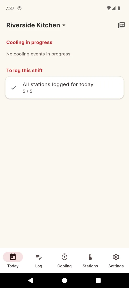 The KitchenProof Today screen for Smokehouse Trailer, with a cooling-in-progress heading reading no events, and a to-log-this-shift card showing all stations logged, 5 of 5
