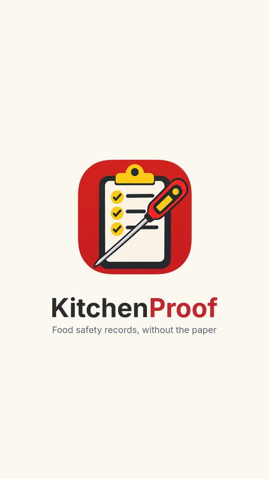 The KitchenProof launch screen: a red clipboard with a probe thermometer across it, the KitchenProof wordmark and the line Food safety records, without the paper