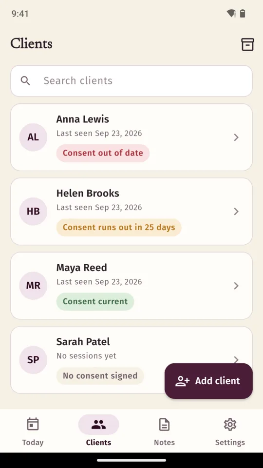 A client list with Anna Lewis flagged consent out of date, Helen Brooks consent runs out in 25 days, Maya Reed consent current and Sarah Patel with no consent signed and no sessions yet