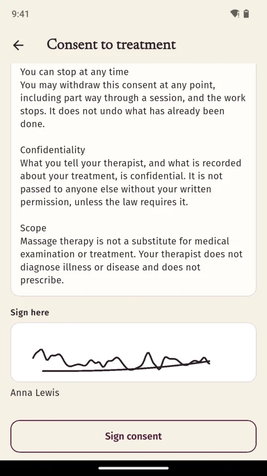 The end of a consent to treatment form covering the right to stop at any time, confidentiality and the limits of massage therapy, above a signature drawn with a finger and the typed name Anna Lewis
