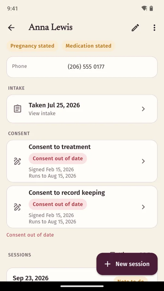 Anna Lewis’s file with pregnancy stated and medication stated flags at the top, an intake taken in July, two consent forms both reading consent out of date with their signing and expiry dates, and the sessions below