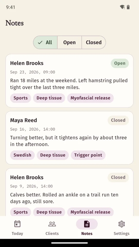 A notes list filtered to All, showing one open note for Helen Brooks from 23 September and two closed notes from 16 and 9 September, each with its modality chips