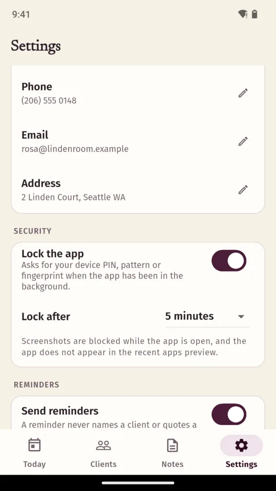 The security section of Settings with Lock the app switched on, a lock after five minutes setting, a note that screenshots are blocked and the app does not appear in the recent apps preview, and a reminders section