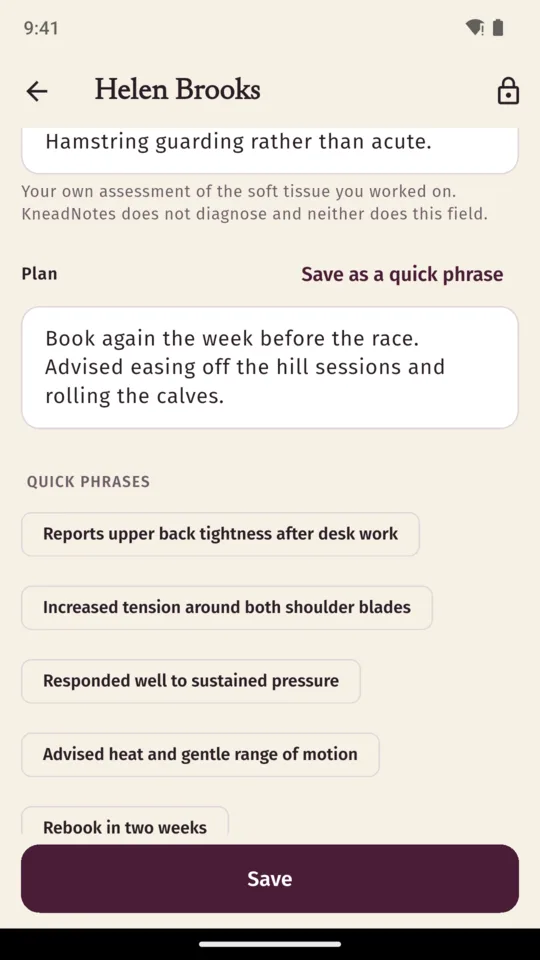 The plan field of a SOAP note with a Save as a quick phrase action beside it, above a list of saved phrases about desk work, shoulder tension and rebooking