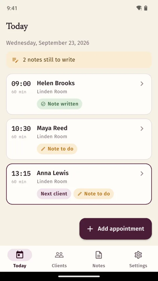 The KneadNotes Today screen for Wednesday 23 September, with a banner reading two notes still to write, Helen Brooks at 09:00 marked note written, Maya Reed at 10:30 with a note to do, and Anna Lewis at 13:15 marked as the next client