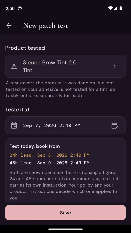 A new patch test on Sienna Brow Tint 2.0, tested at 2:49pm on 7 September, with Test today, book from showing a 24-hour lead of 8 September 2:49pm and a 48-hour lead of 9 September 2:49pm, and a note that both are shown because there is no single figure