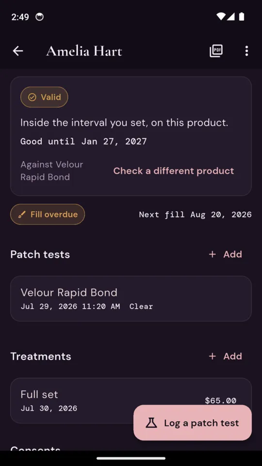 Amelia Hart's card in LashProof: a Valid chip reading inside the interval you set on this product, good until Jan 27 2027, checked against Velour Rapid Bond, a Fill overdue chip, her patch test of 29 July read Clear and a full set on 30 July at $65