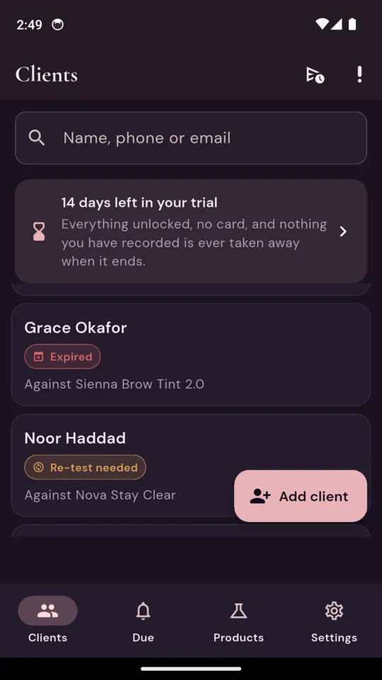 The Clients list with a search box, a 14 days left in your trial banner, Grace Okafor marked Expired against Sienna Brow Tint 2.0 and Noor Haddad marked Re-test needed against Nova Stay Clear