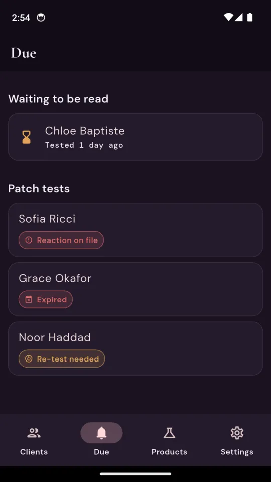 The Due tab: Chloe Baptiste waiting to be read, tested 1 day ago, then Sofia Ricci with a reaction on file, Grace Okafor expired and Noor Haddad re-test needed under Patch tests