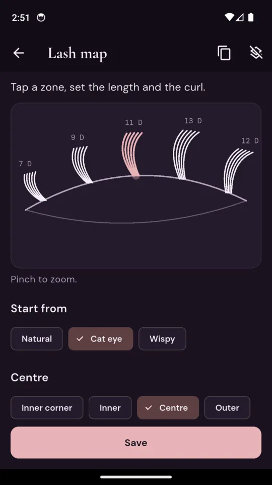 The lash map: an eye diagram with lengths of 7, 9, 11, 13 and 12 millimetres at D curl across the zones, the Cat eye preset selected and the Centre zone chosen