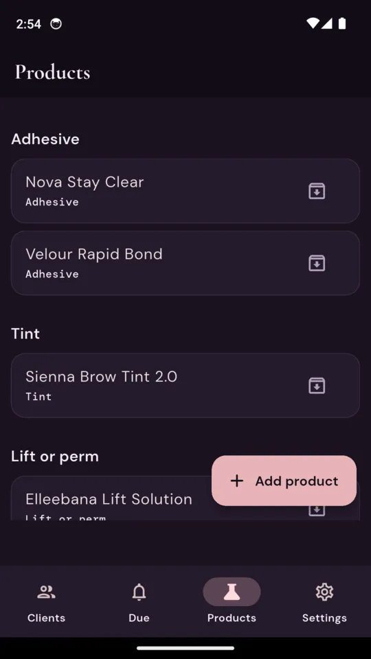 The Products tab grouped by kind: Nova Stay Clear and Velour Rapid Bond under Adhesive, Sienna Brow Tint 2.0 under Tint, Elleebana Lift Solution under Lift or perm, and an Add product button