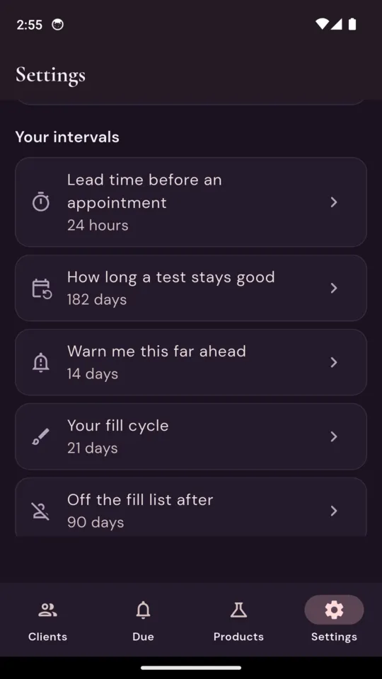 Settings, Your intervals: lead time before an appointment 24 hours, how long a test stays good 182 days, warn me this far ahead 14 days, your fill cycle 21 days, off the fill list after 90 days