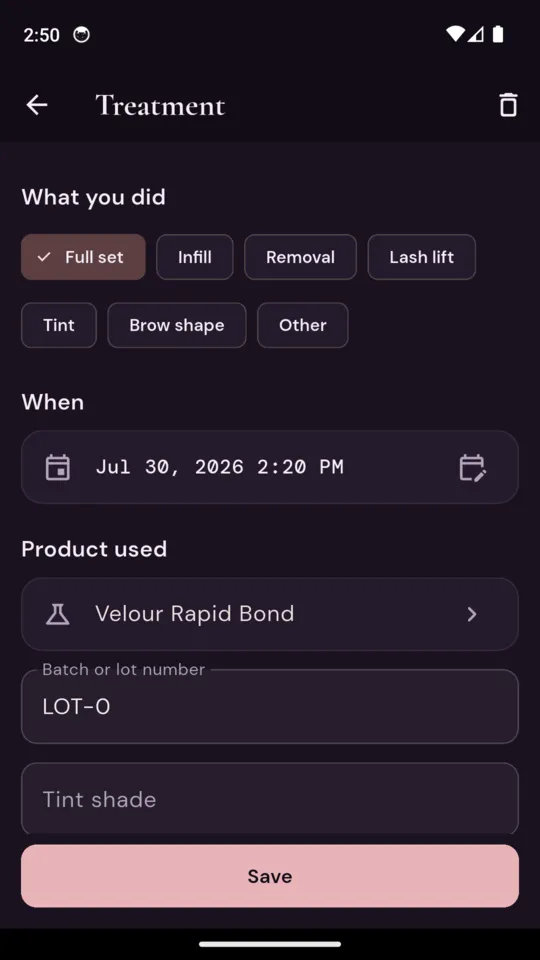 A treatment record: Full set selected from full set, infill, removal, lash lift, tint, brow shape and other, dated 30 July 2026 at 2:20pm, product Velour Rapid Bond, batch or lot number LOT-0, with a tint shade field