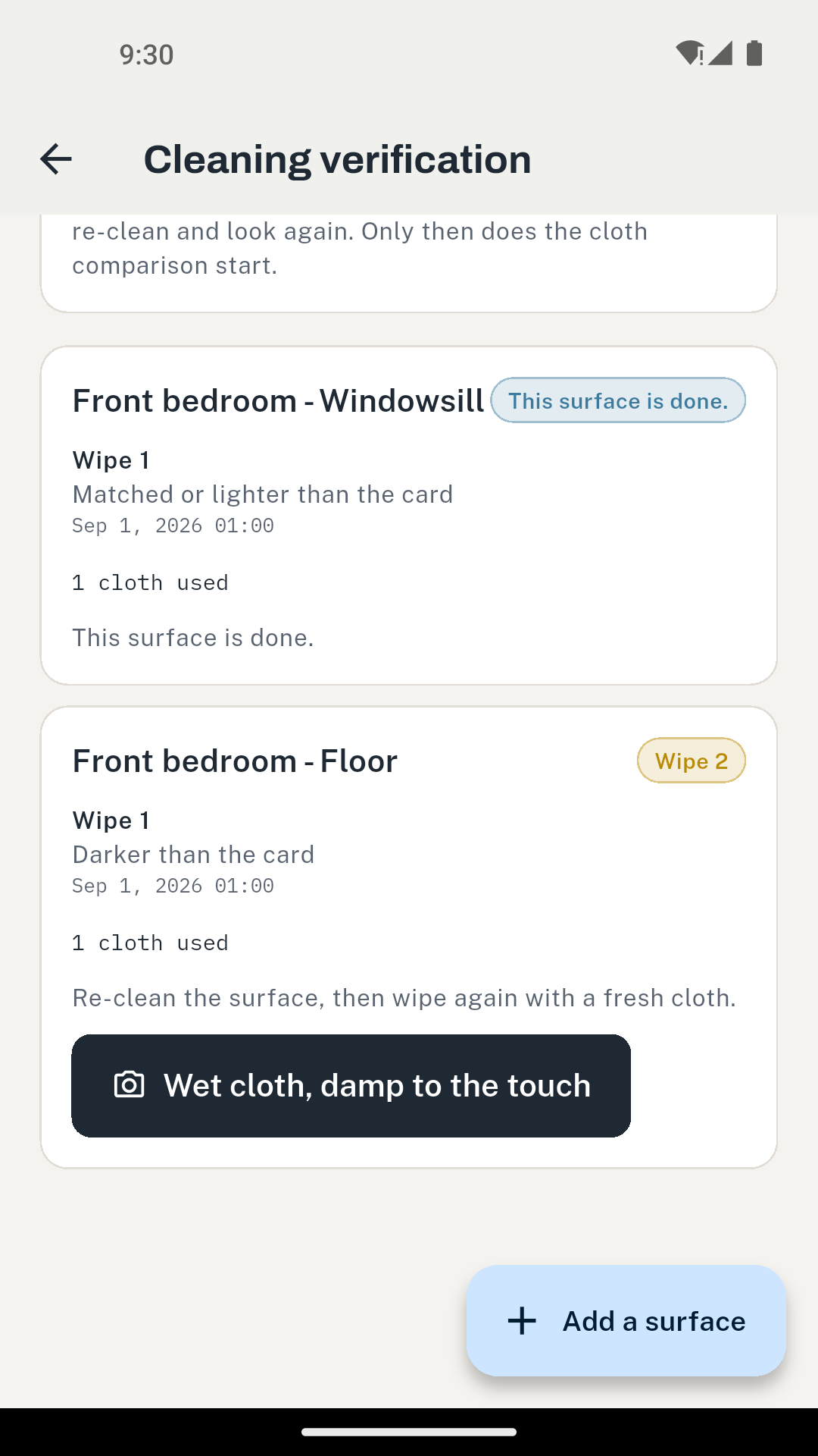 LeadSafeLog showing two surfaces in a bedroom, one finished and one needing a second wipe