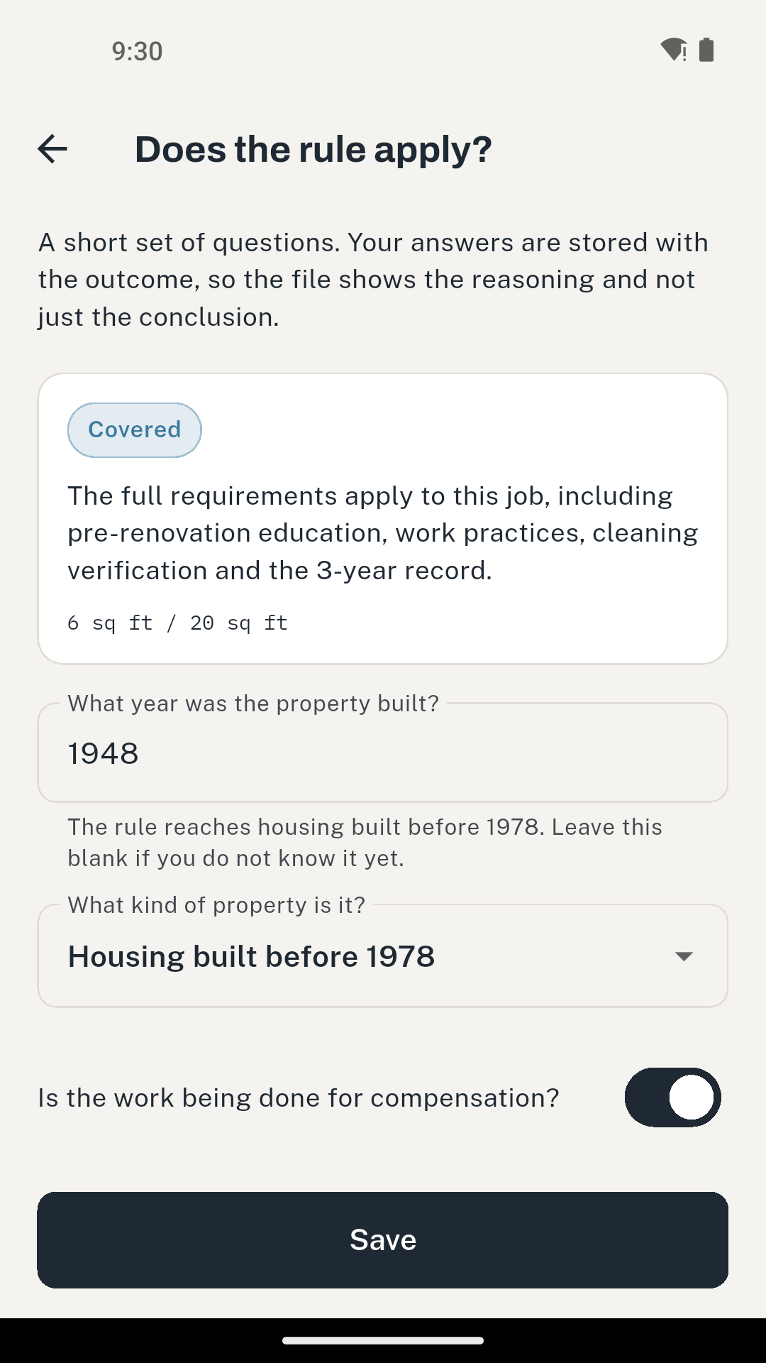 The applicability screen showing a covered verdict with the 6 and 20 square foot thresholds