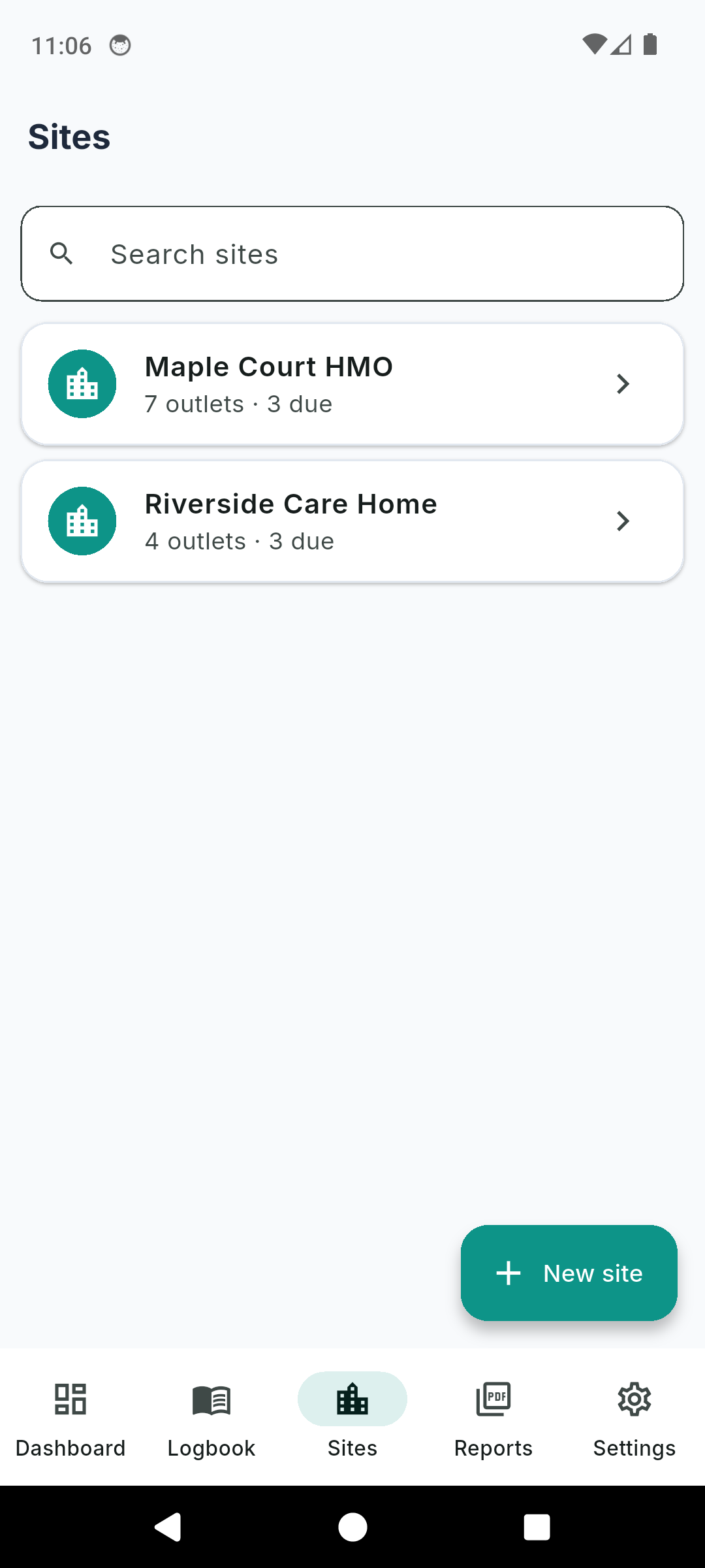 LegioCheck sites list with each property and its outlet count and number of due monitoring tasks