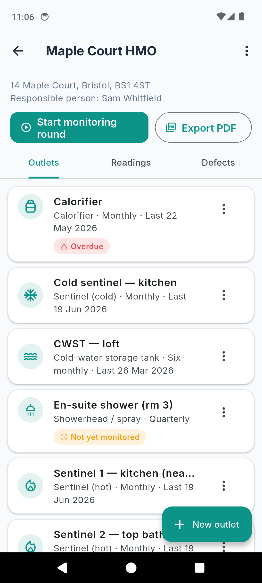 LegioCheck property detail with a Start monitoring round button, Export PDF, and the outlet list with type, frequency and due chips