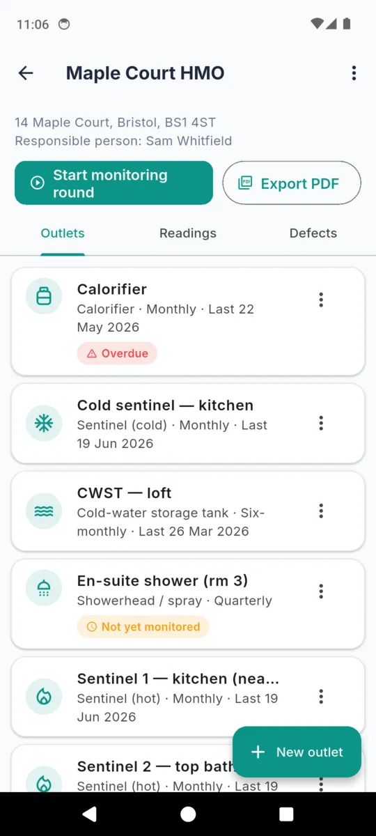 A LegioCheck property, Maple Court HMO, with a start monitoring round button and an outlet list showing a calorifier, a cold sentinel in the kitchen, a loft cold-water storage tank and an en-suite shower, each with its cadence and last reading date