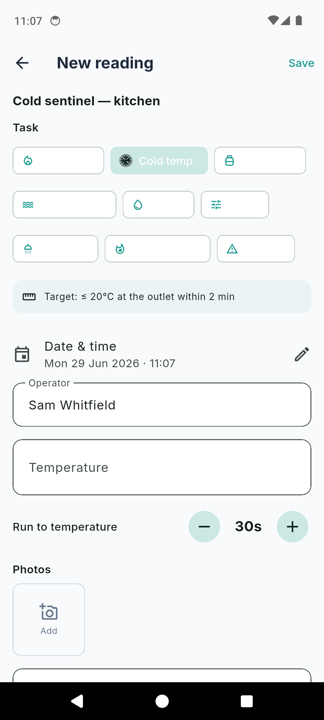 LegioCheck reading form for a cold sentinel temperature showing the L8 reference target of 20 degrees within 2 minutes, a large temperature field and a run-to-temperature stepper