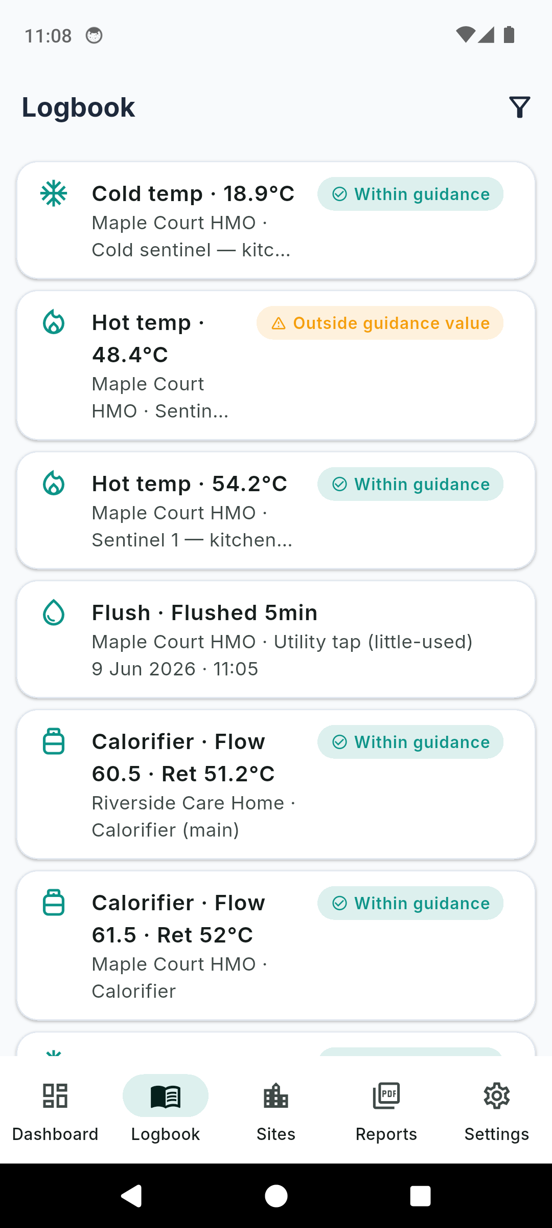 LegioCheck logbook of all readings with values and within-guidance or outside-guidance-value chips