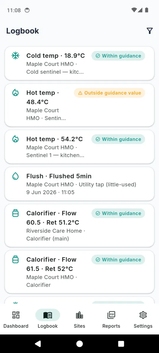 The LegioCheck logbook listing readings in date order with within-guidance and outside-guidance-value chips beside temperatures, flushes and calorifier flow and return figures