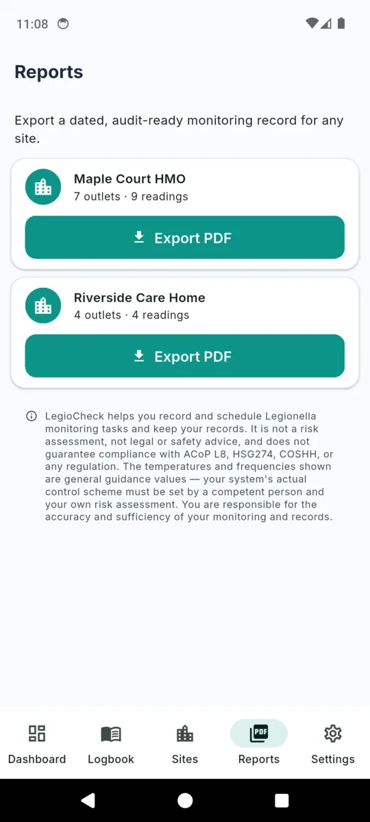The LegioCheck reports screen offering an audit PDF export per property, with the disclaimer printed underneath
