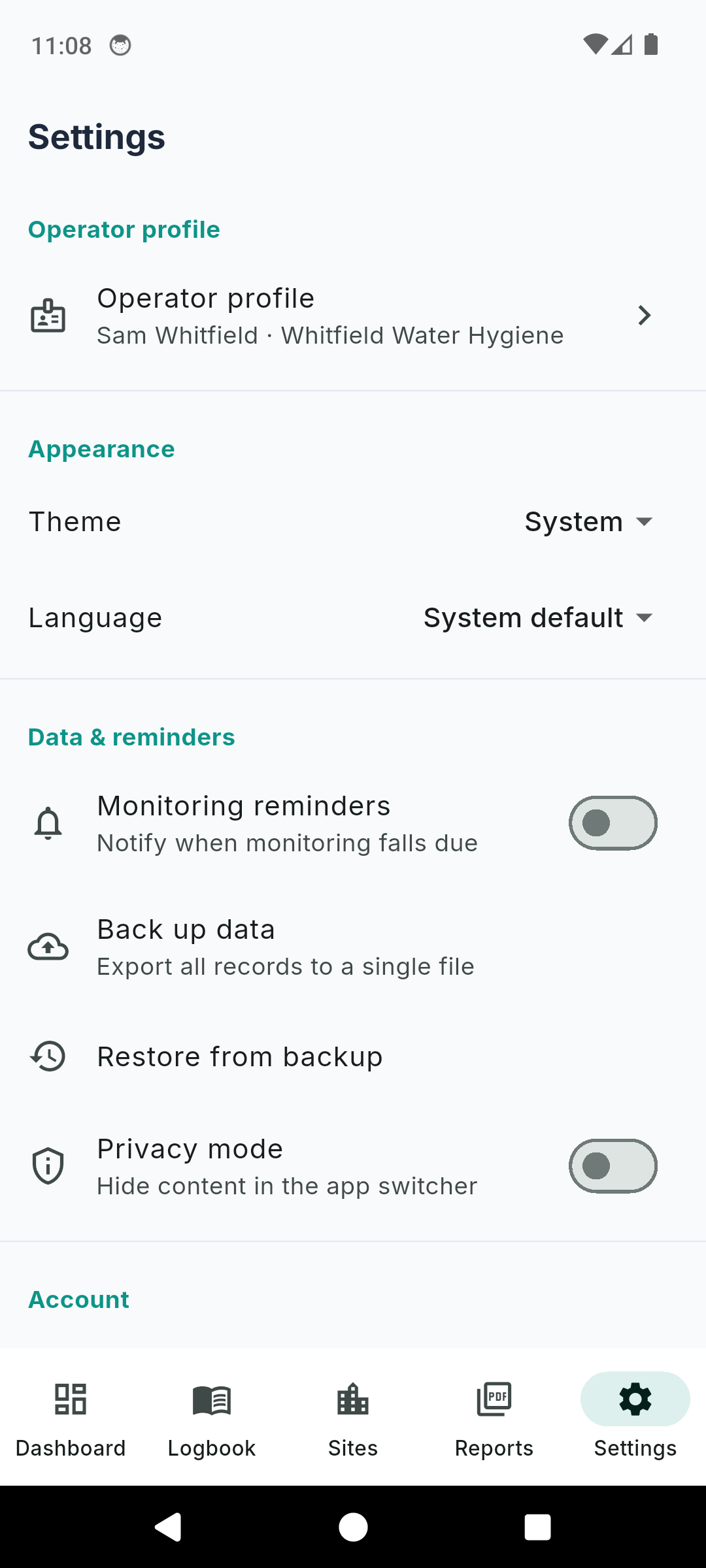 LegioCheck settings with operator profile, monitoring reminders, back up and restore, theme and language