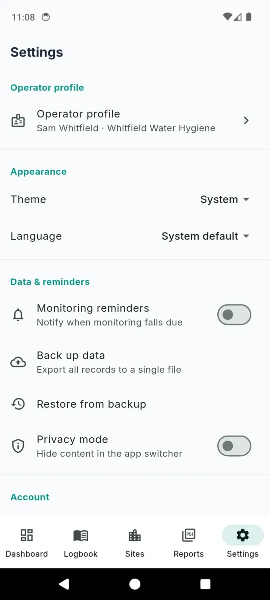 LegioCheck settings showing operator profile, theme, language, monitoring reminders, back up data, restore from backup and privacy mode