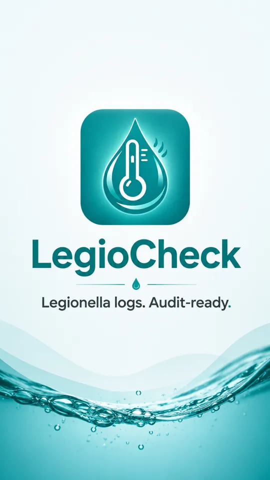 The LegioCheck launch screen: a droplet-and-thermometer icon above the wordmark and the line Legionella logs. Audit-ready.
