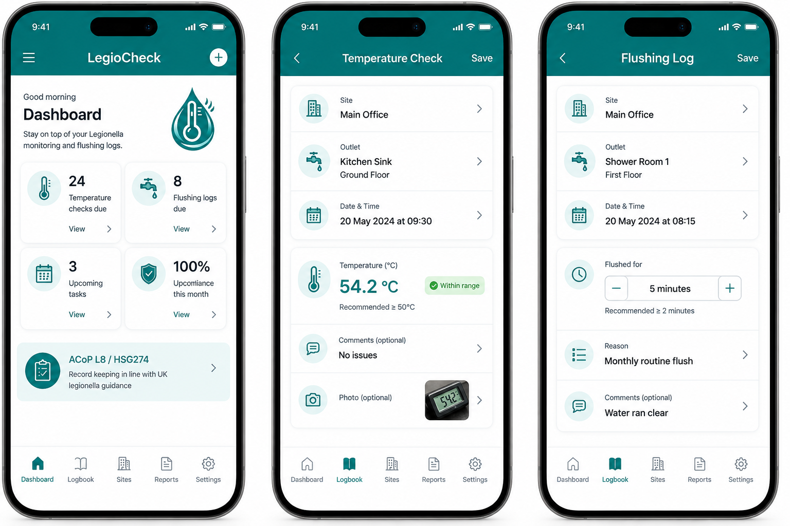 LegioCheck dashboard with due and overdue monitoring, a temperature check screen, and the flushing log