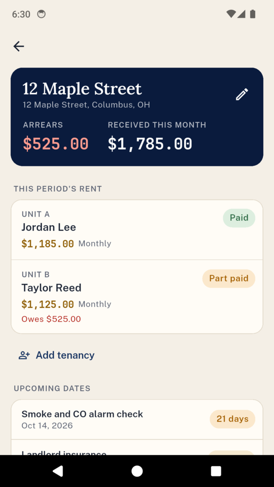 The LetLedger property screen: each tenancy’s rent status above the documents counting down