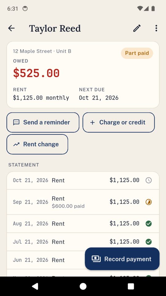 A tenancy’s statement, with a part payment set against the right month.