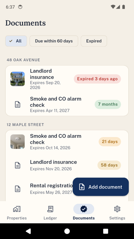 Documents by property, with the most urgent at the top.